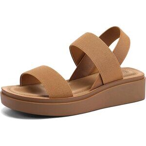 Mysoft Womens Sandals Size 9 Low Wedge Elastic Strap Platform Beige